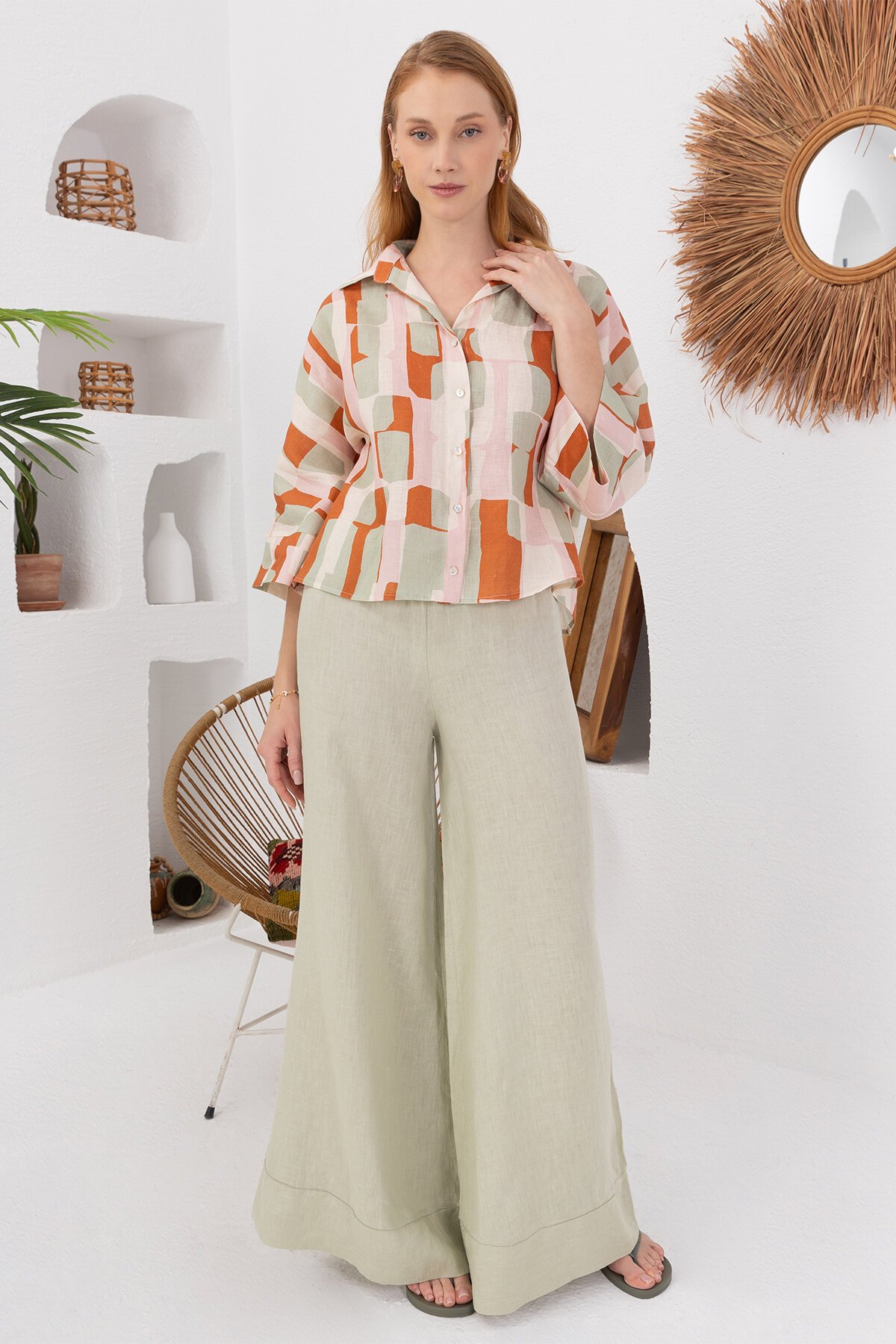 Green Papaya | Keten Bol Paça Pantolon