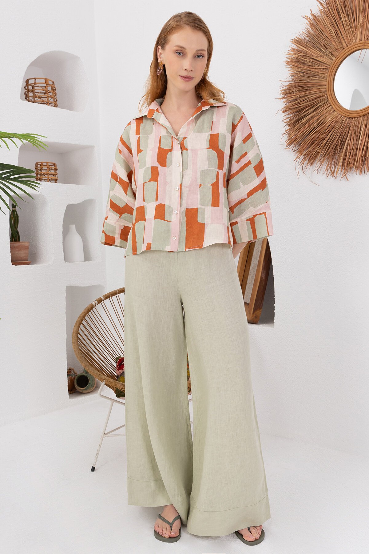 Green Papaya | Keten Bol Paça Pantolon