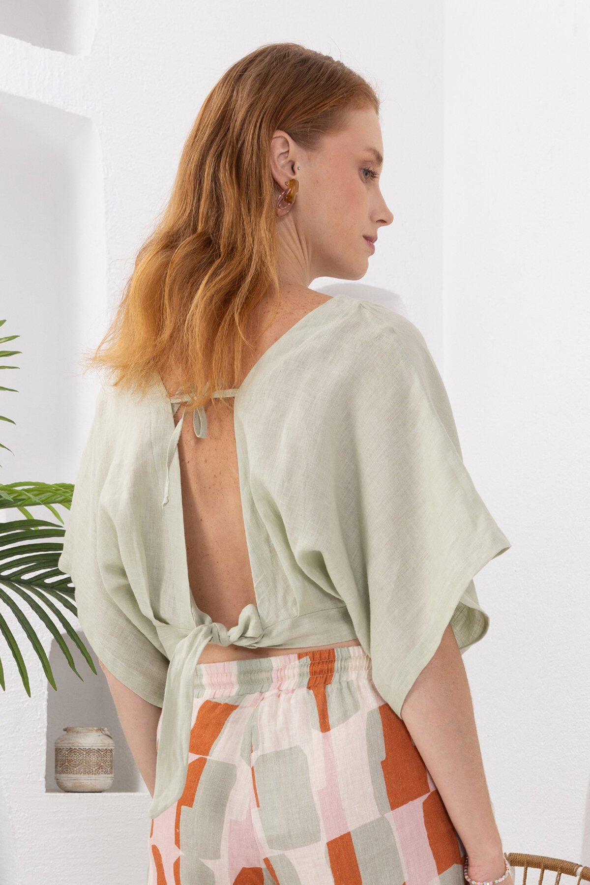 Green Papaya | Keten Kısa Bluz