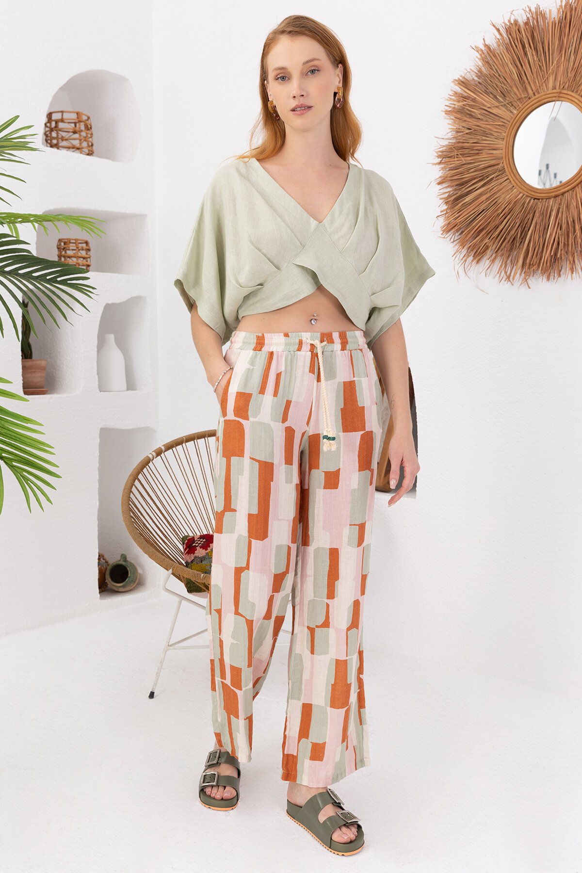 Green Papaya | Keten Kısa Bluz