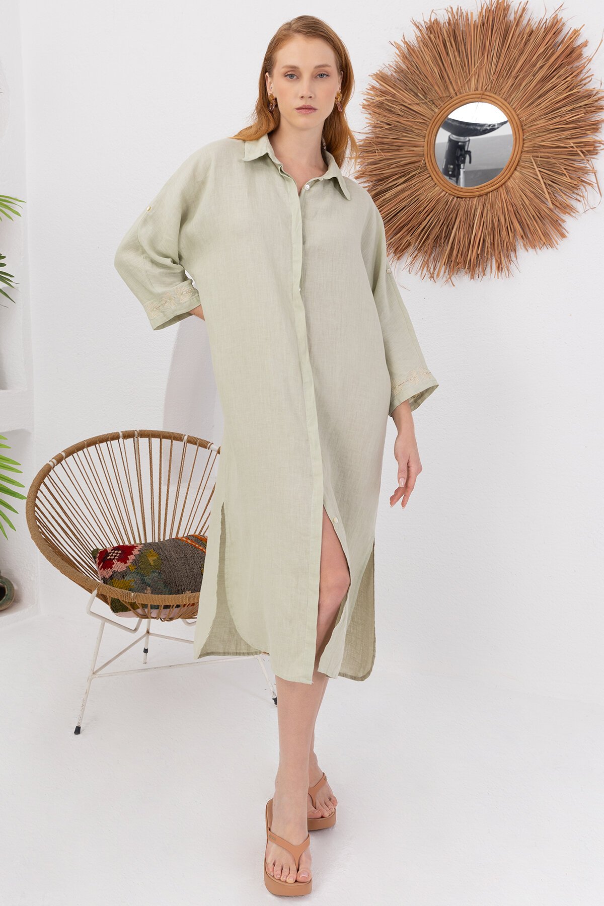 Green Papaya | Nakışlı Keten Uzun Gömlek