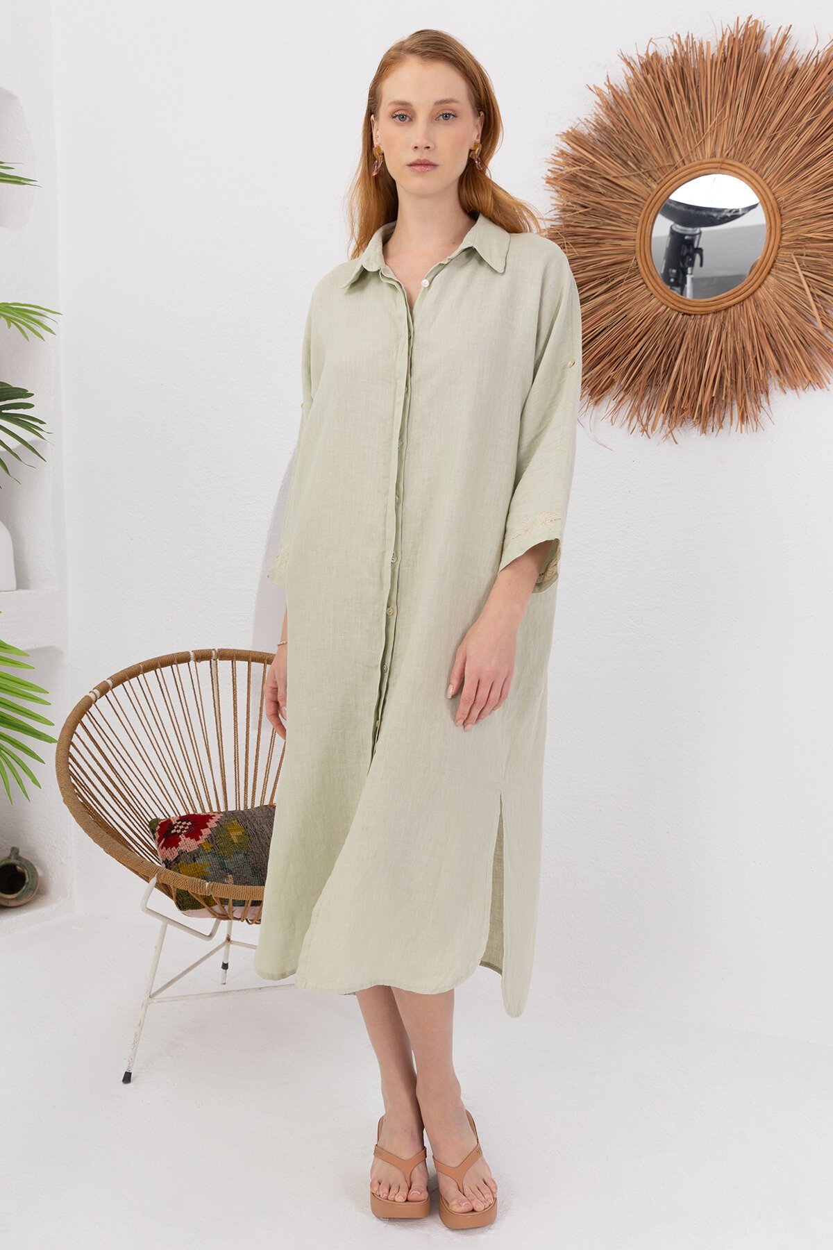 Green Papaya | Nakışlı Keten Uzun Gömlek