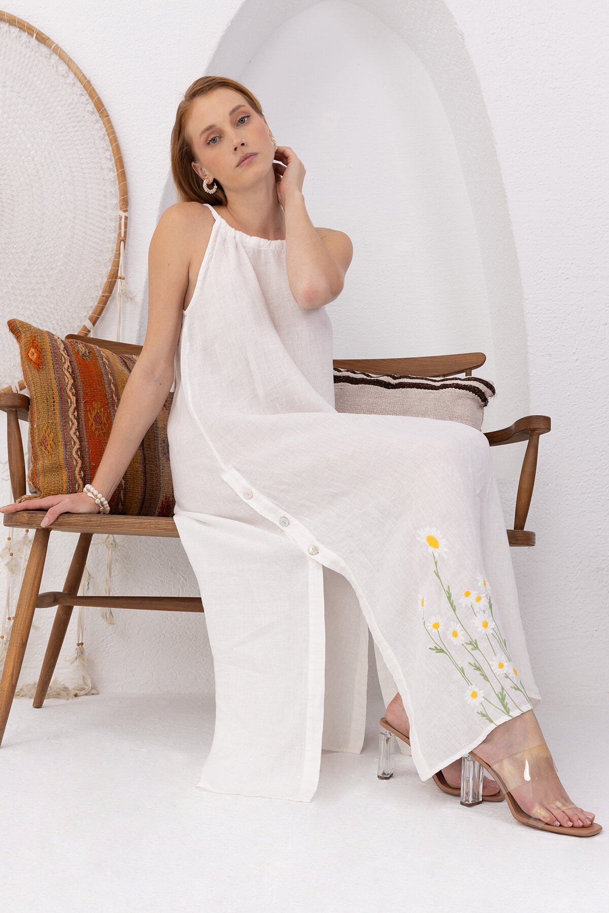 White Daisy | Keten Uzun Elbise
