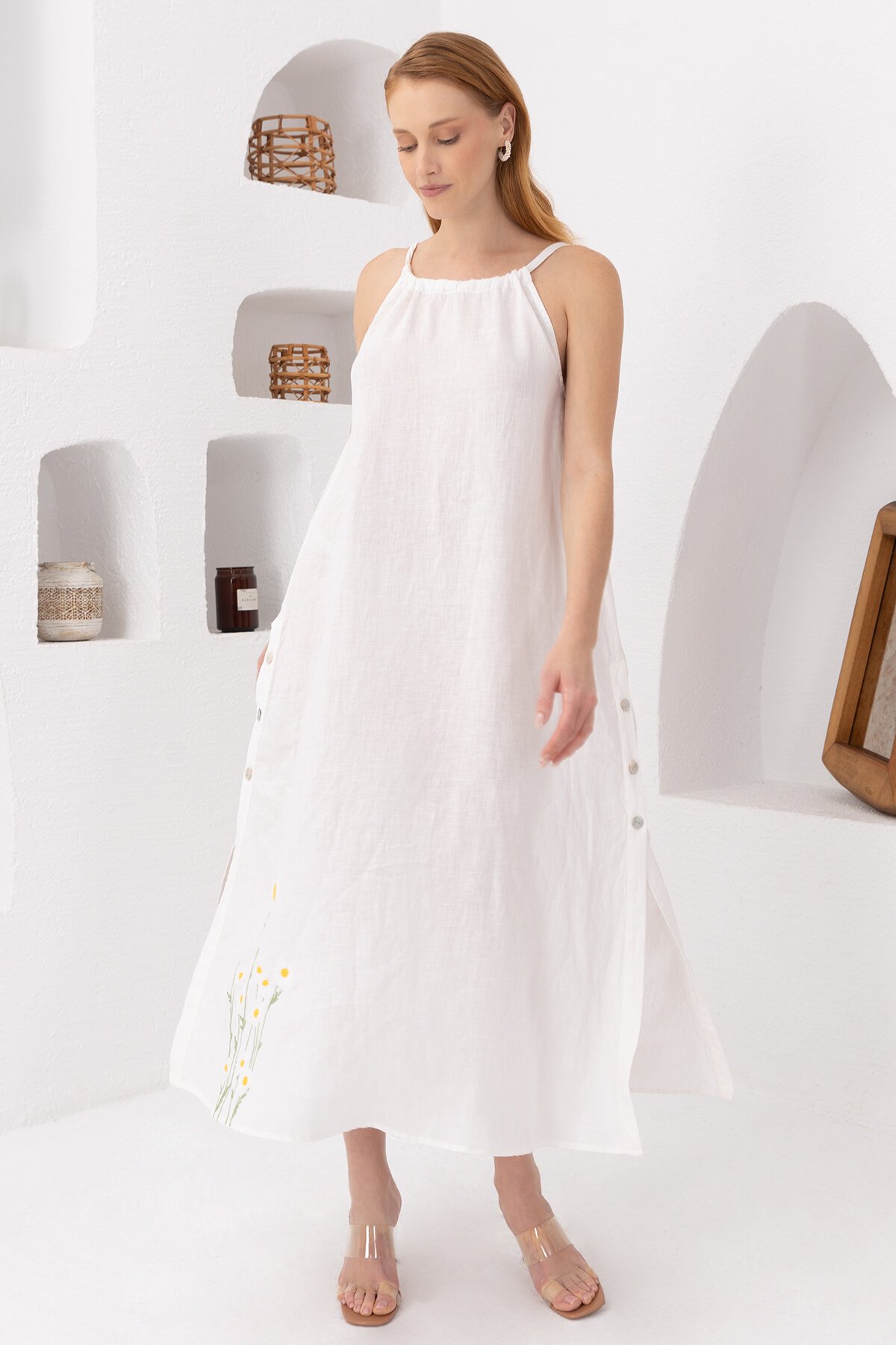 White Daisy | Keten Uzun Elbise