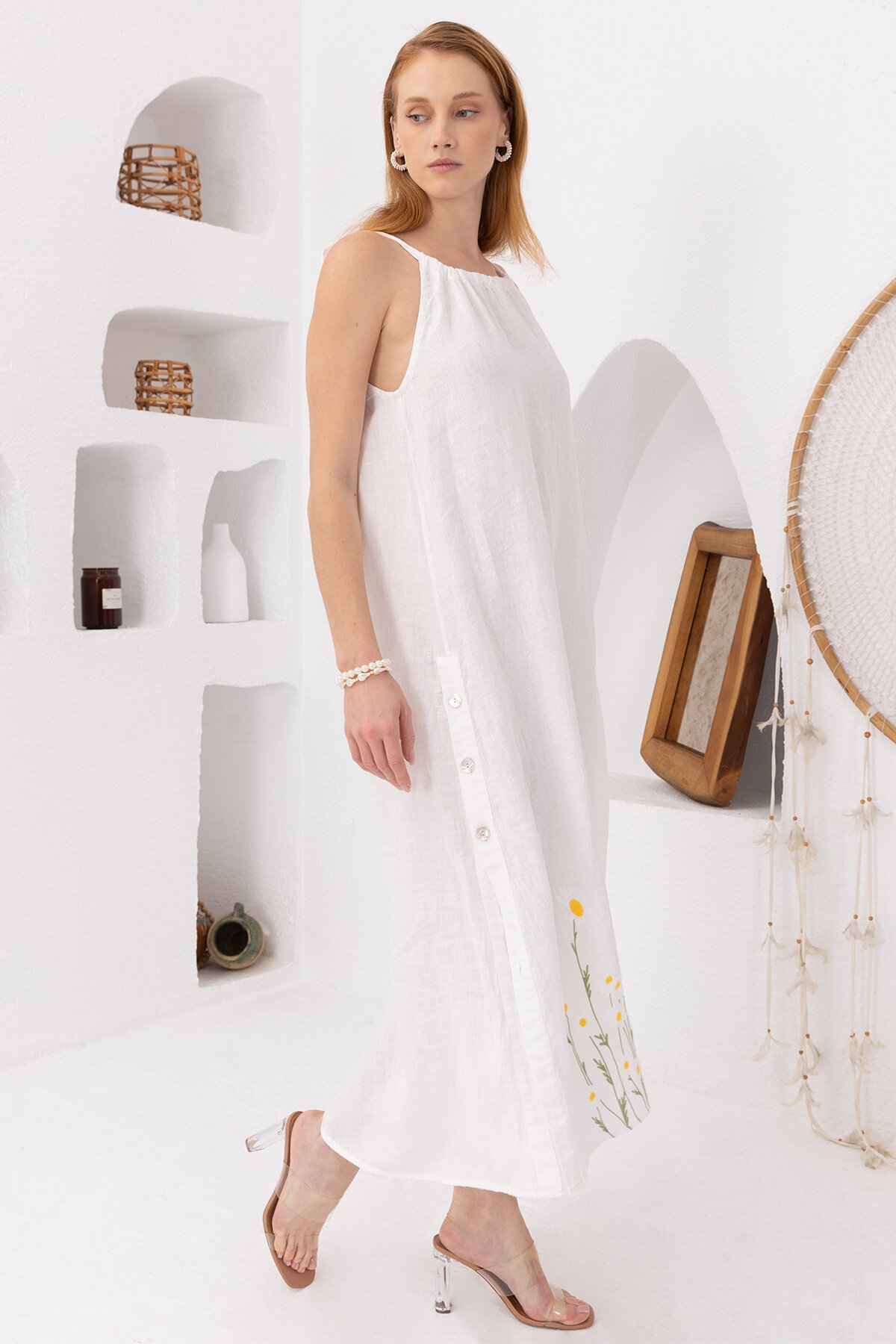 White Daisy | Keten Uzun Elbise