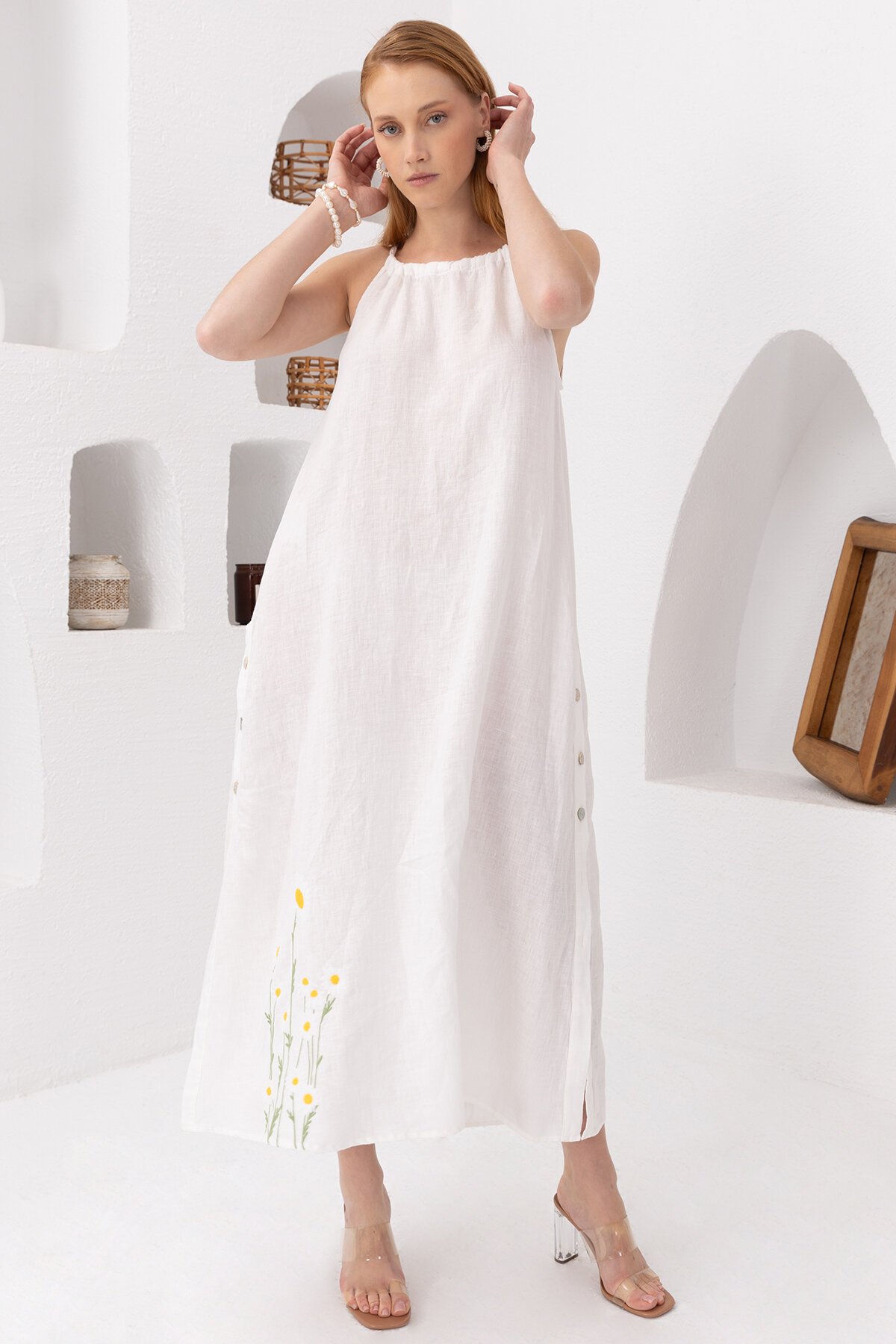 White Daisy | Keten Uzun Elbise