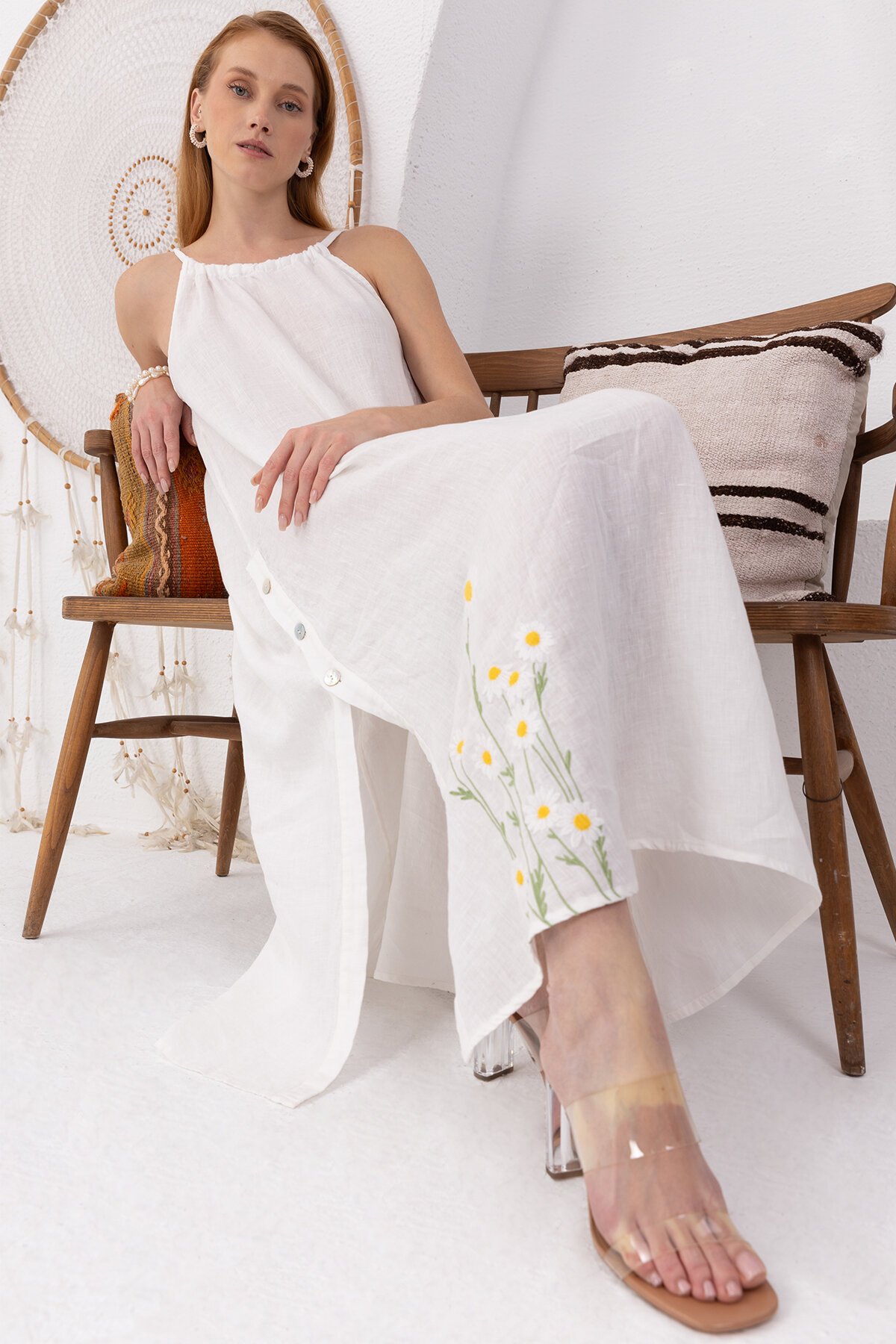 White Daisy | Keten Uzun Elbise